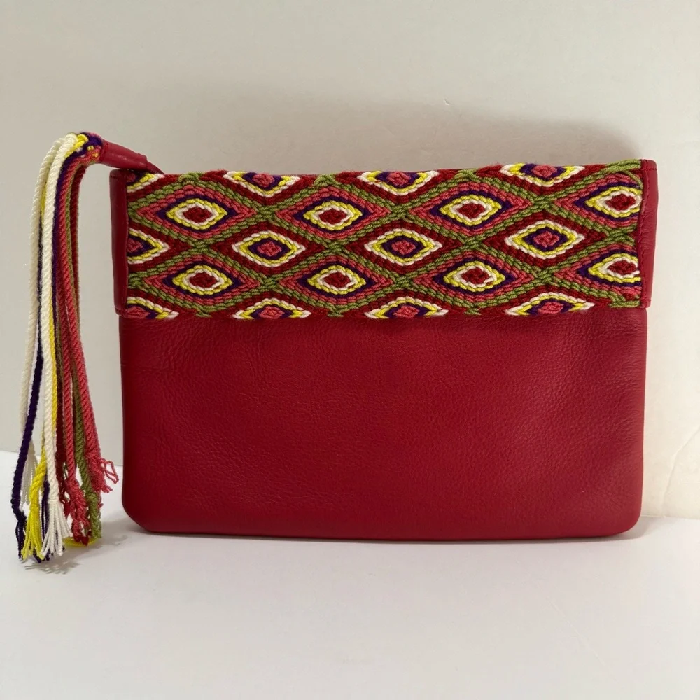 Fiori Coleccion Red Leather Embroidered Geometric Tassel Clutch Pouch NWOT Boho